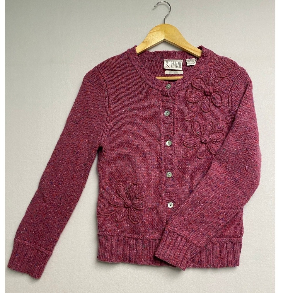 Vintage Cottagecore Hasting Women Small Magenta Tweed Floral Applique‎ Cardigan
